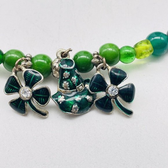 St Patrick Theme Necklace Silver Tone Enamel Charms Shamrock Leprechaun Hat - Picture 2 of 7